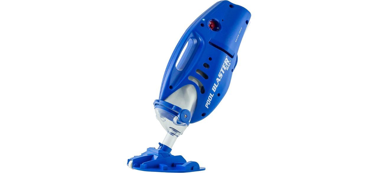 blue handheld pool vacuum on white background