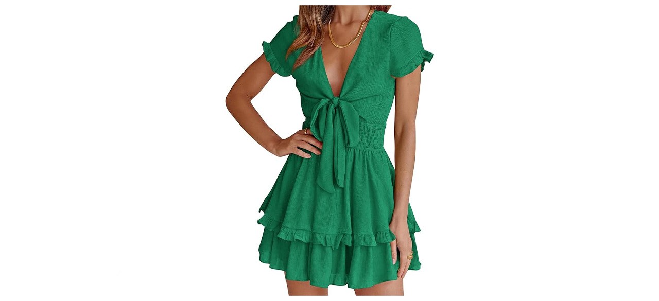 PRETTYGARDEN Women Summer Short Dress 2025 V Neck Short Sleeve Tiered Mini Sun Dress