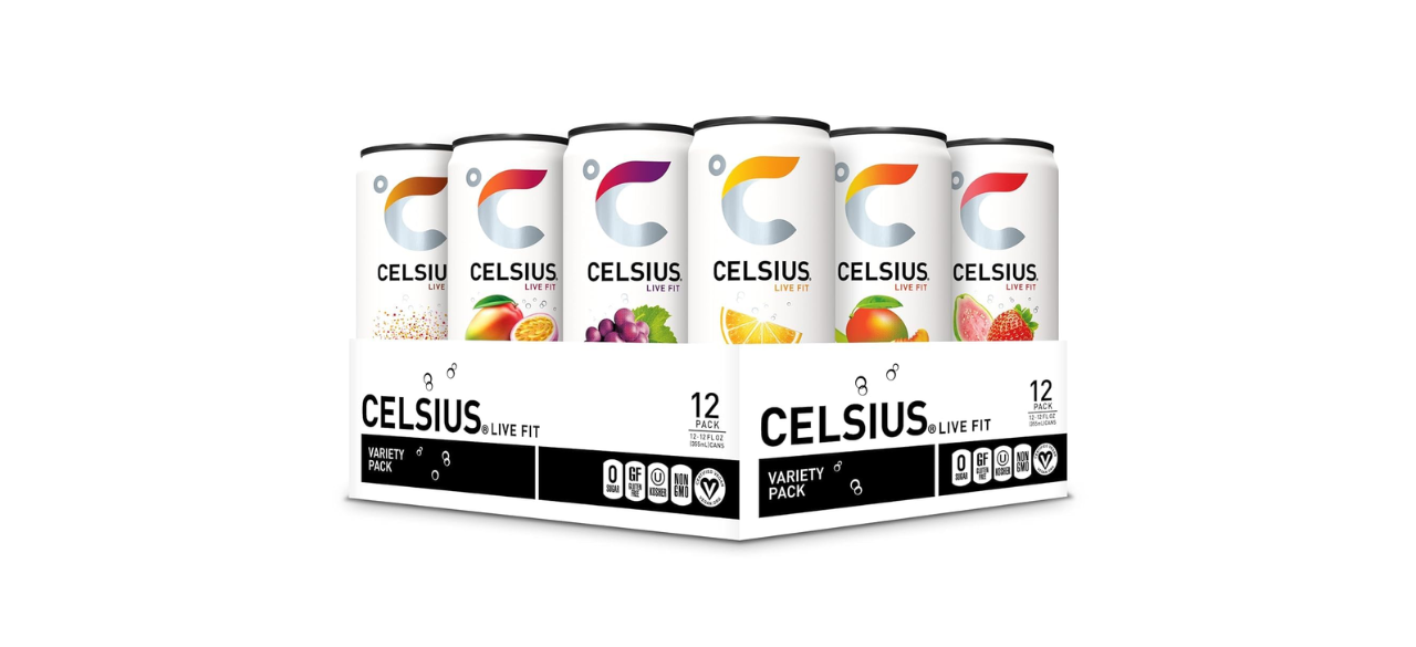 Celsius energy drink variety pack on white background