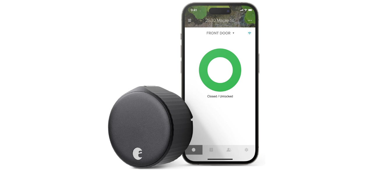 August Home Smart Lock and smartphone on white background