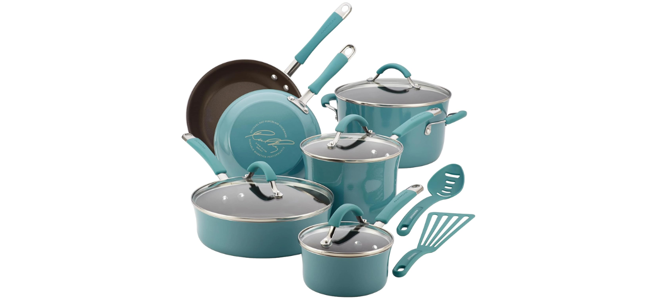 Rachael Ray cookware set and utensils on a white background