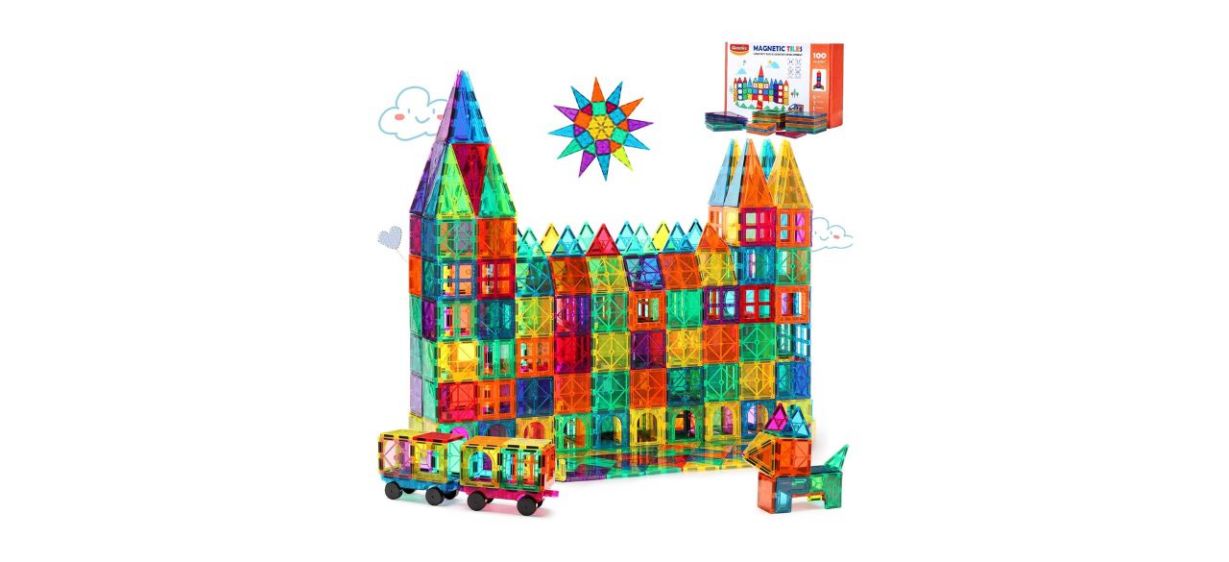 Gemmicc Magnetic Tiles Building Blocks built into a castle shape Gemmicc Magnetic Tiles Building Blocks built into a castle shape