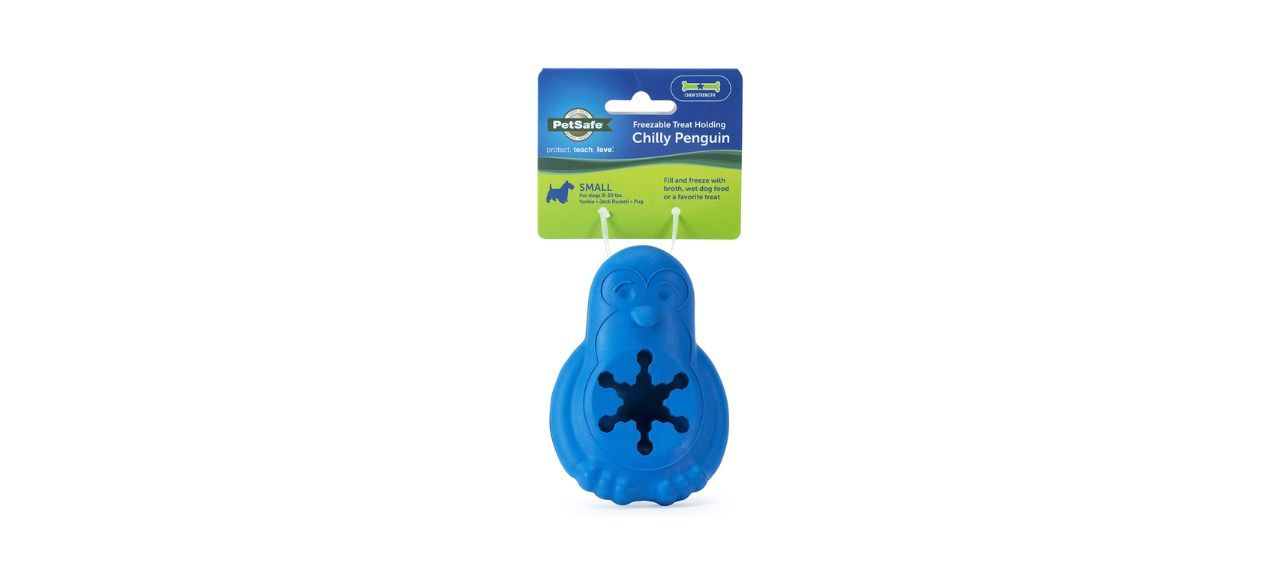 a penguin-shaped rubber toy that has a hole to hold treats in it