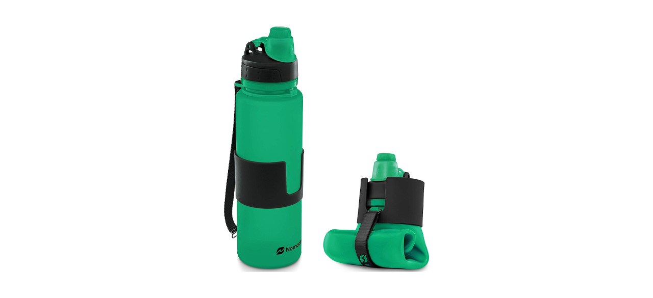 Green and black Nomader Collapsible Water Bottle on white background