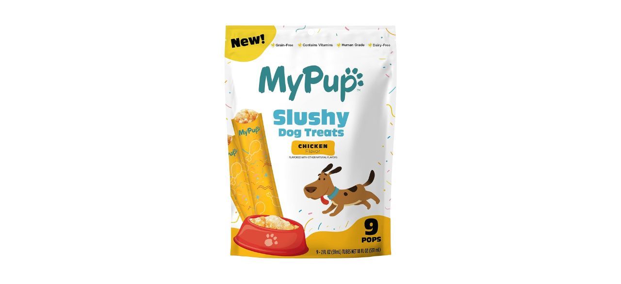 a white bag of MyPup Slushy Dog Treats (chicken flavor) with pictures of the yellow tubes of treats inside