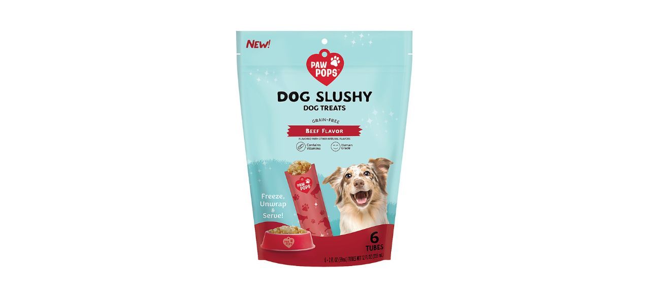 a light blue bag of beef flavored dog slushy treats with a picture of a happy dog on it