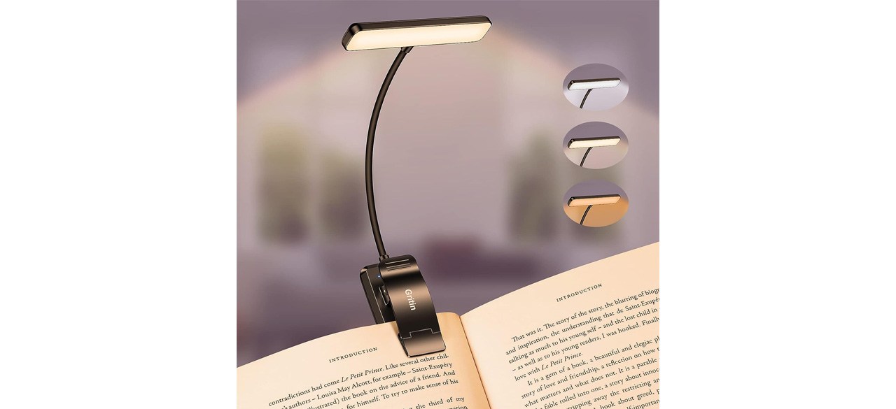 Gritin Rechargable LED Book Light attached to book