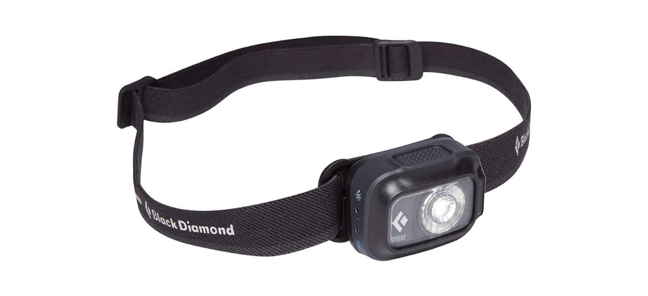 A black headlamp with a black elastic band to go around your head