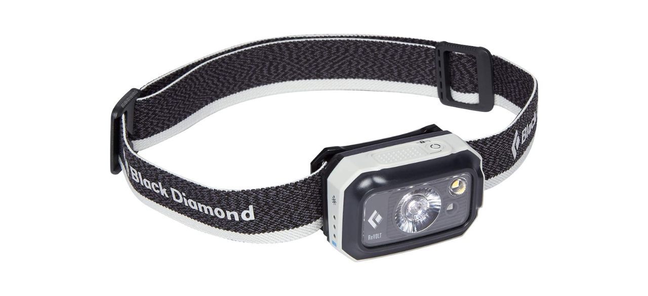 a black headlamp with a black elastic band and a relatively large light