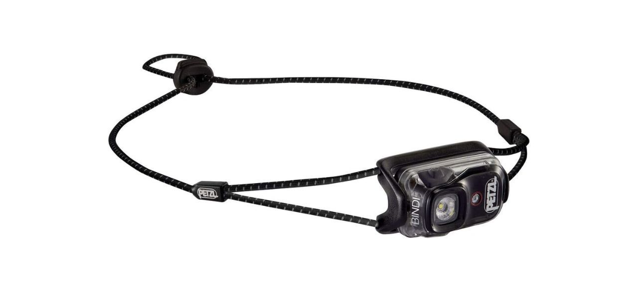 A black headlamp with a small adjustable cord to keep it on your head