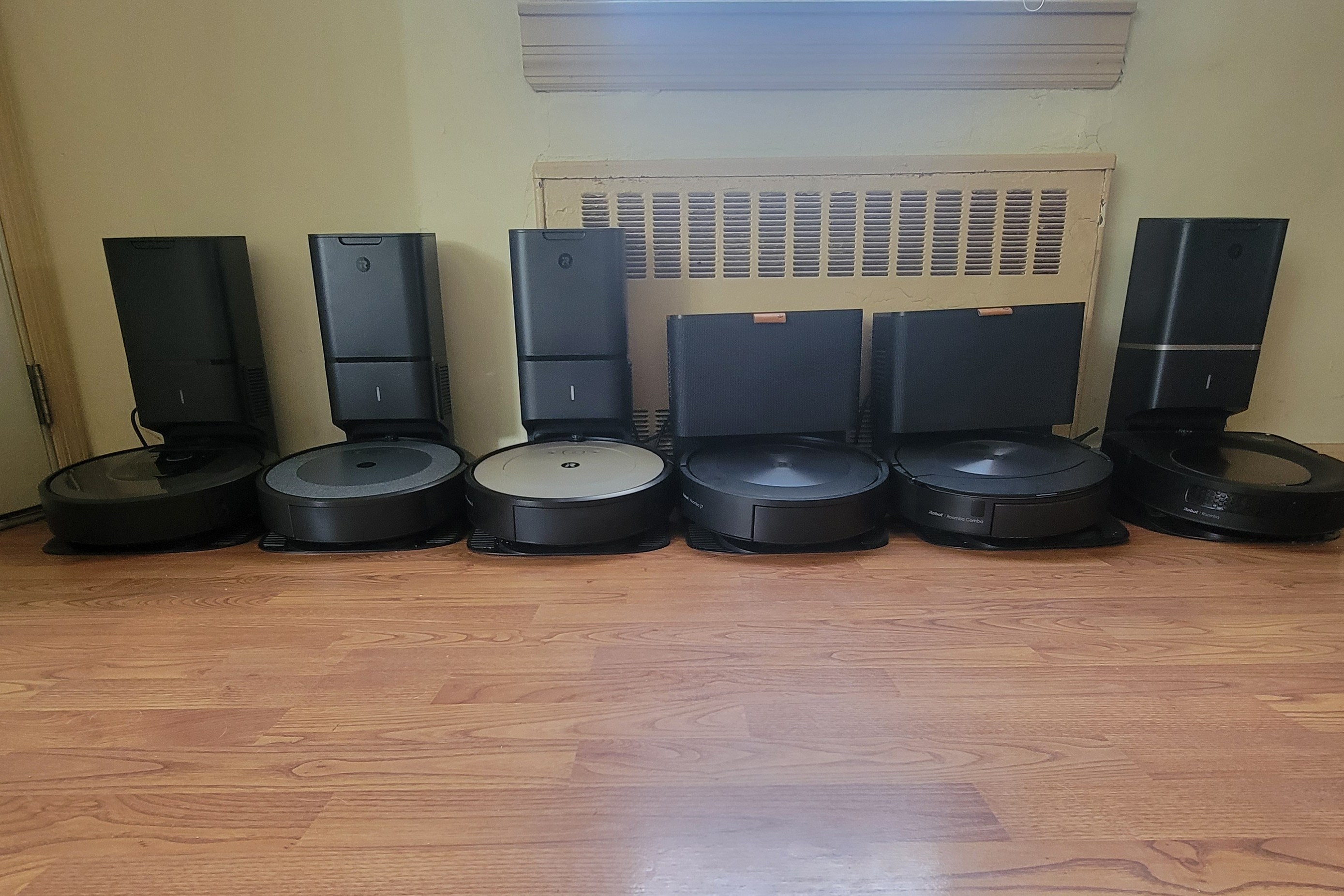 Lineup of some of the Roombas we tested.