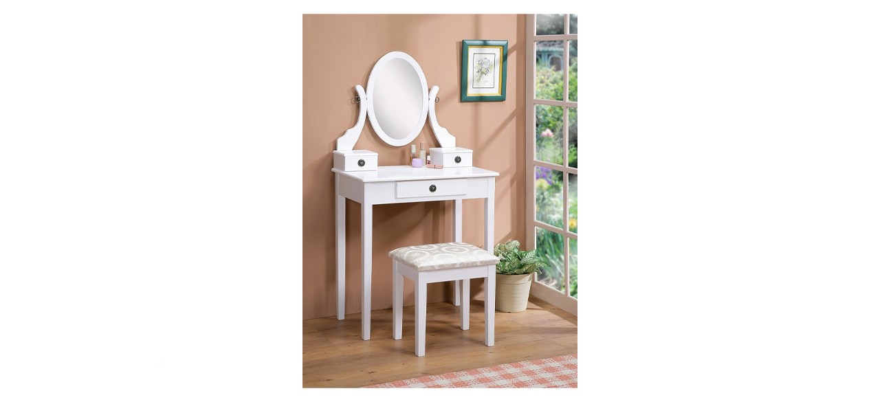 Roundhill Furniture Moniya Wood Makeup Vanity Table and Stool Set