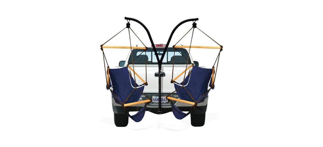 Hammaka Trailer Hitch Stand and Cradle Chairs Combo, blue, behind white pickup truck