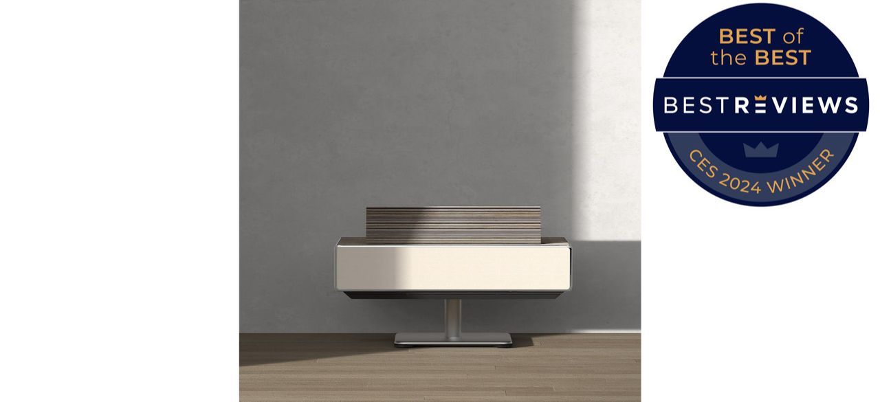 White projector on grey shelf with grey background