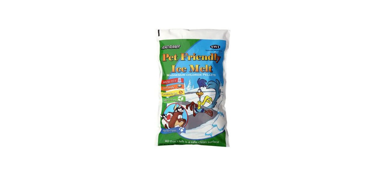 A bag of pet-friendly ice melt magnesium chloride pellets