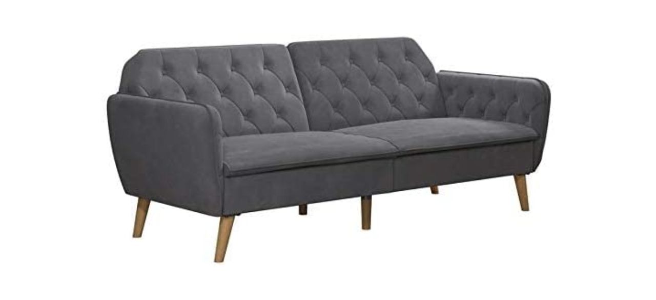 A gray velvet memory foam futon with a tufted back