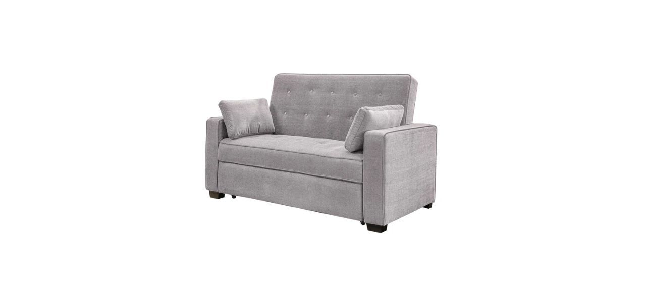 A light gray two-seater sofa that pulls out into a full-size bed. It comes with 2 throw pillows.