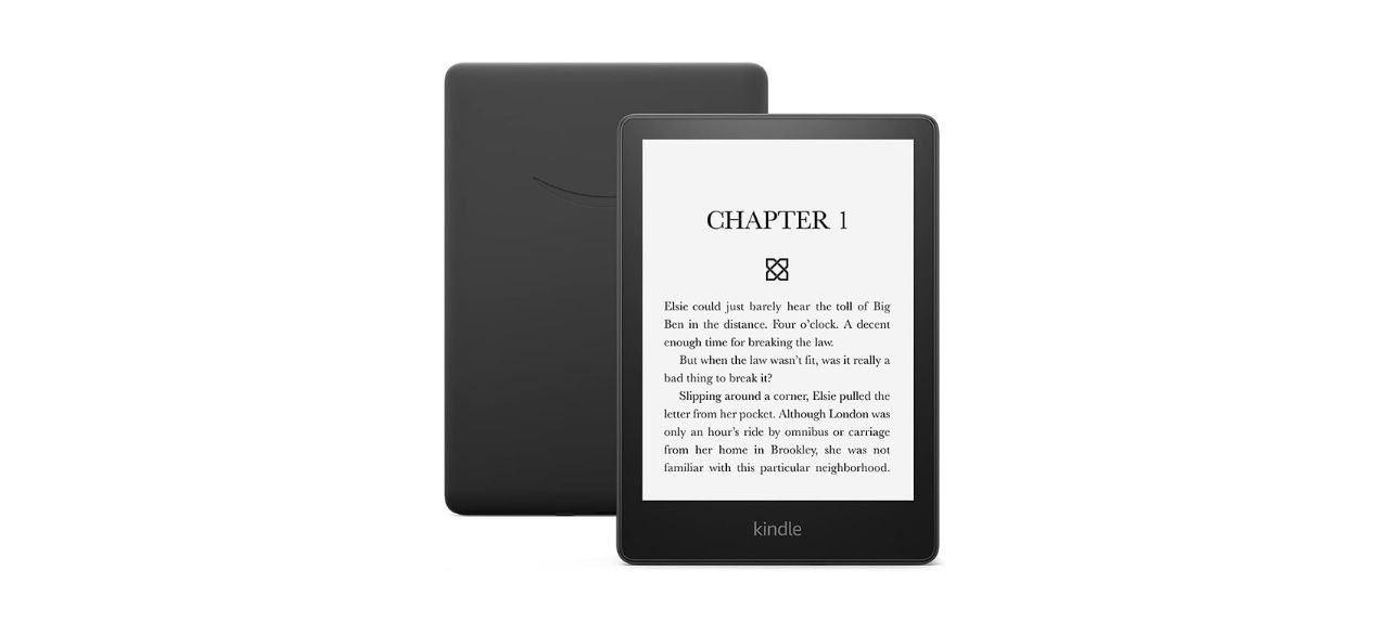 Kindle Paperwhite on white background; front and back shown