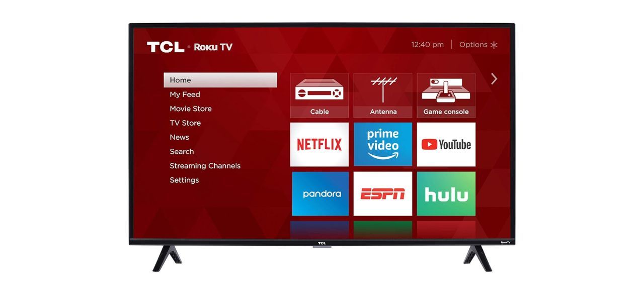 TCL 43-Inch 4K UHD Smart LED TV on white background, showing TV apps on screen