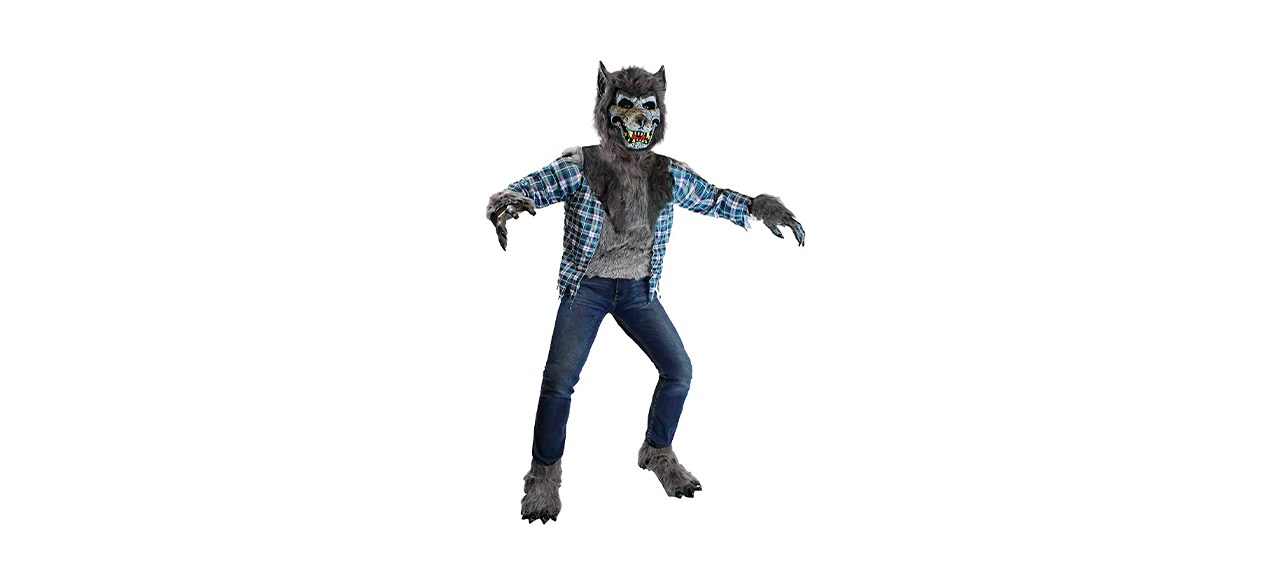 kid in a werewolf costume with plaid shirt and jeans