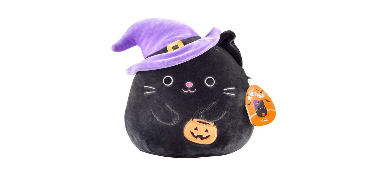 A plush cat stuffed animal with a purple hat and holding an orange treat basket