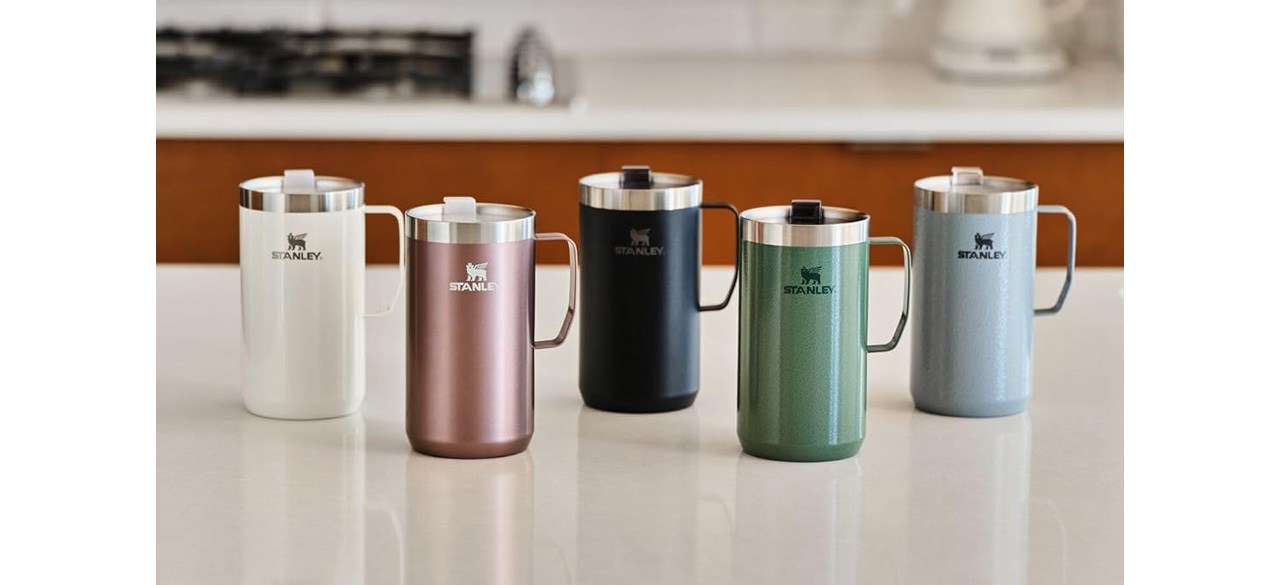 Stanley Stay-Hot Camp Mug in different colors on countertop