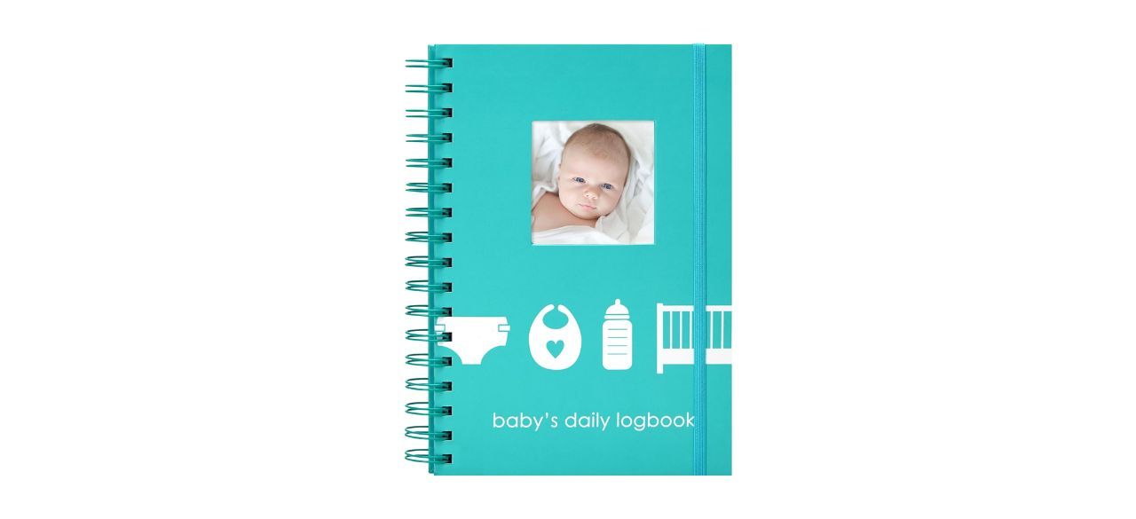 Pearhead Baby's Daily Log Book in teal with a picture of a baby on it