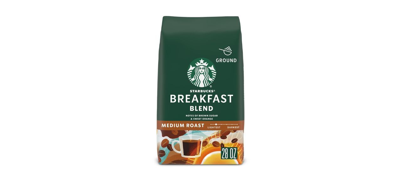 Starbucks Breakfast Blend Medium Roast Ground Coffee in a green bag