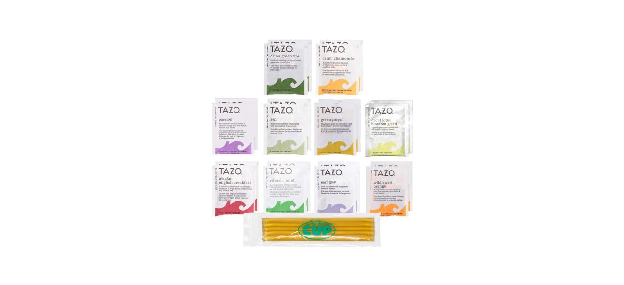 By the Cup Tazo Tea Bags Sampler with honey sticks below the tea bags