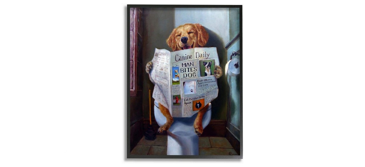 a painting of a dog sitting on a toilet and reading a newspaper