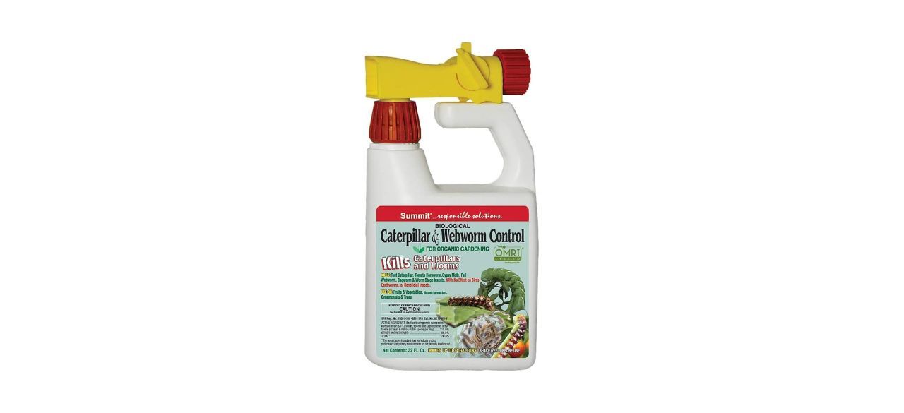 A big bottle of caterpillar and webworm control liquid with a hose attachment at the top