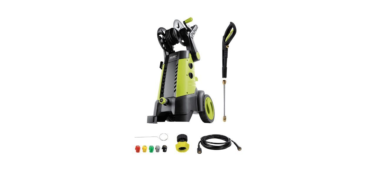 A bright green electric pressure washer with attachments