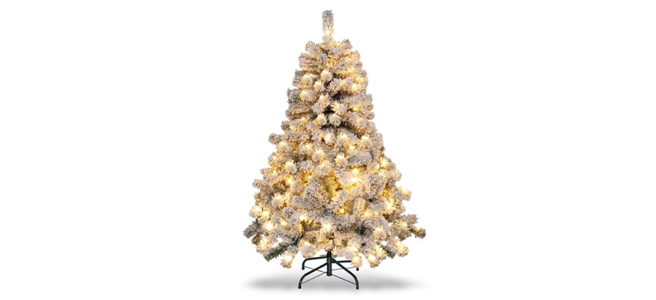 best Costway Pre-Lit Premium Snow Flocked Hinged Artificial Christmas Tree on white background