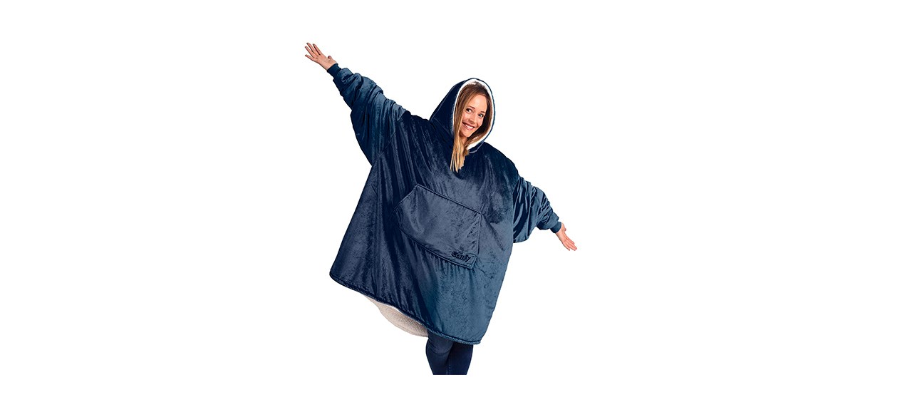 Knee-length wearable blue blanket with a hood