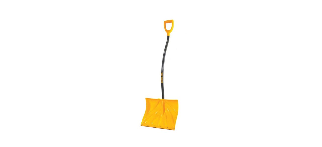 A yellow snow shovel with a black curved handle