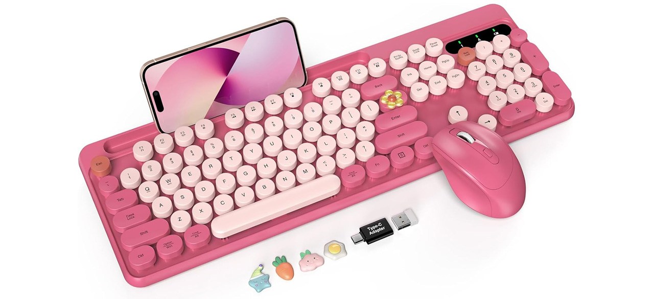 Trueque Wireless Keyboard and Mouse Combo with Retro Round Keycaps and Phone Holder