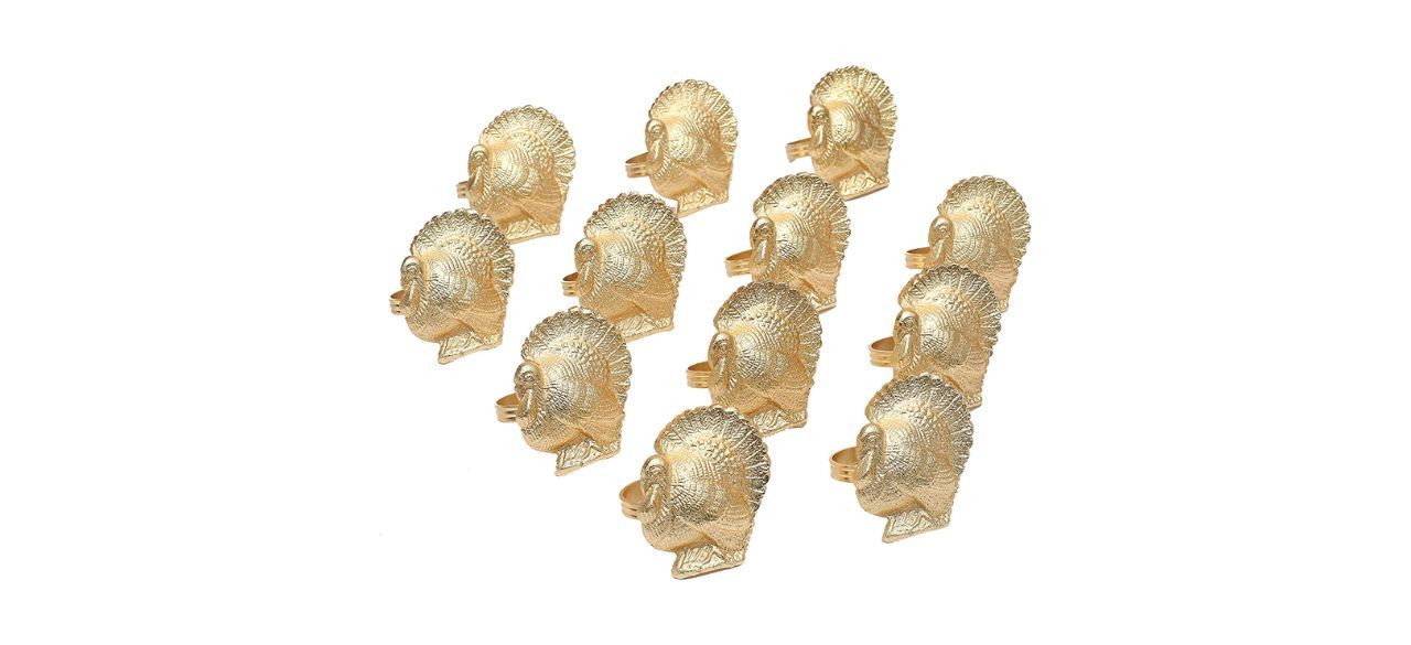 12 gold-colored napkin rings shaped like turkeys