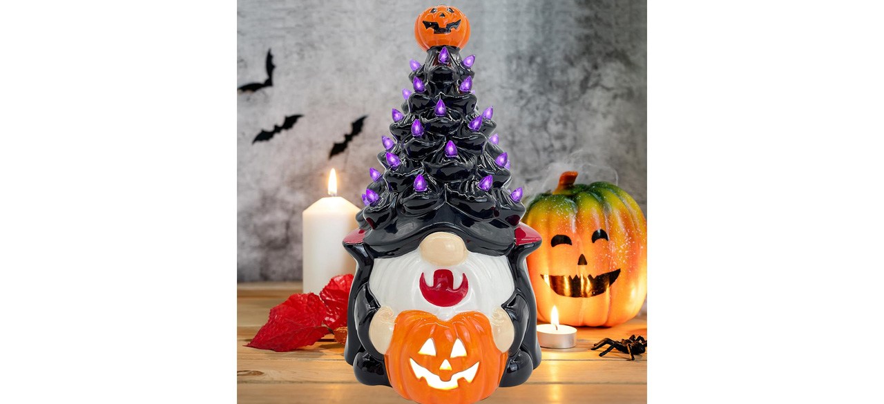 Vampire Halloween Gnome Tree on table with other Halloween décor