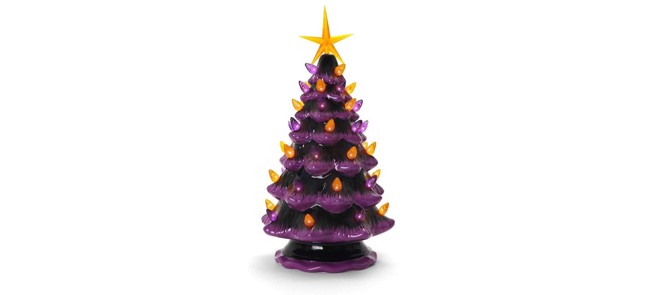 Purple Halloween ceramic tree with orange lights