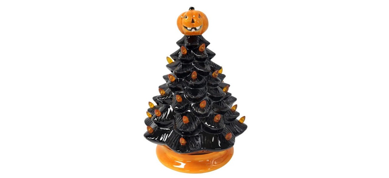 Black Halloween Ceramic Light Up Tree with pumpkin on top