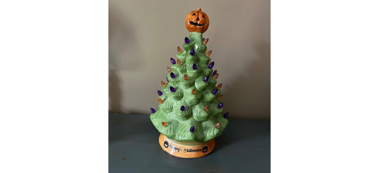 Green Vintage Ceramic Halloween Tree with pumpkin on top