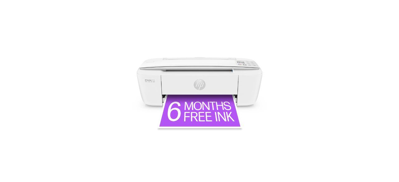 HP DeskJet 3772 All-in-One Wireless Color Inkjet Printer, white, printing page that says "6 months free ink"