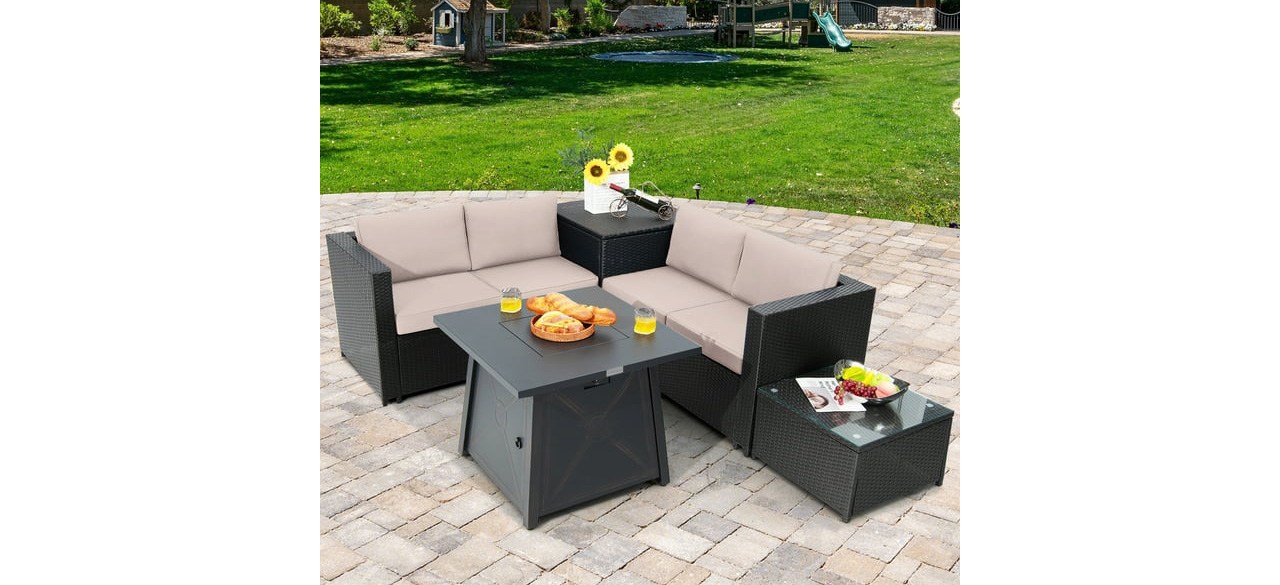 Topbuy 5-Piece Outdoor Patio Furniture Set with Fire Pit Table on back patio