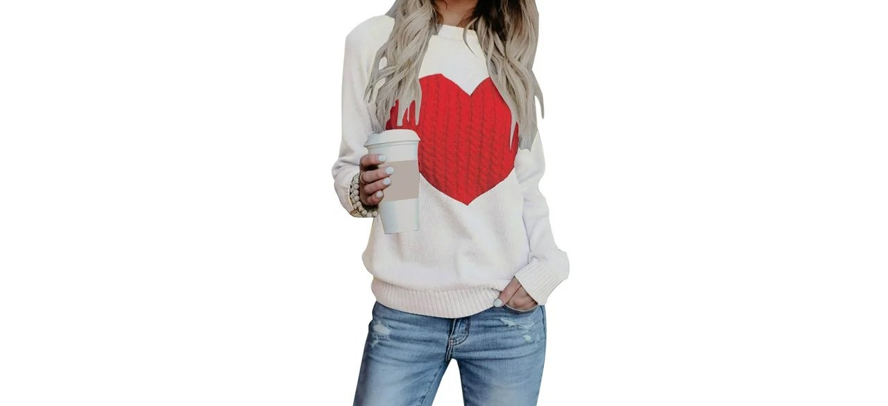 Woman wearing Crew Neck Heart-Front Long-Sleeve Knitted Sweater on white background