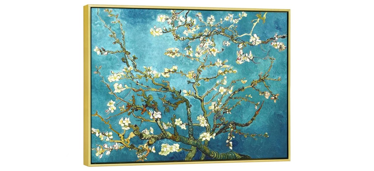 a painting of white blossoms on branches with a blue background