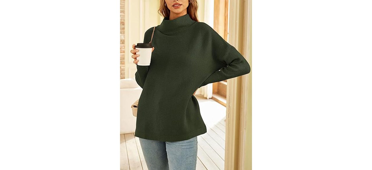 Woman wearing LILLUSORY Women's Mock Turtleneck Sweater and holding coffee cup