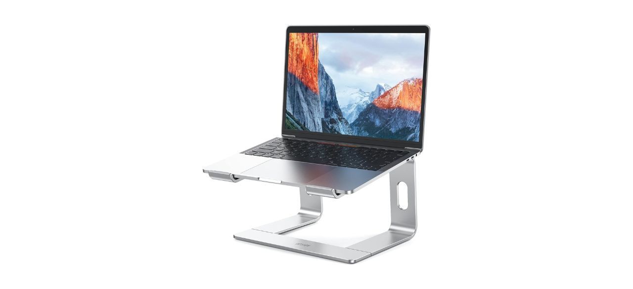 BESIGN Aluminum Laptop Stand with a laptop on it on white background