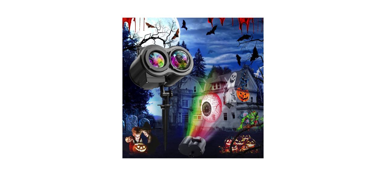 An outdoor projector showing images of Halloween things, like pumpkins