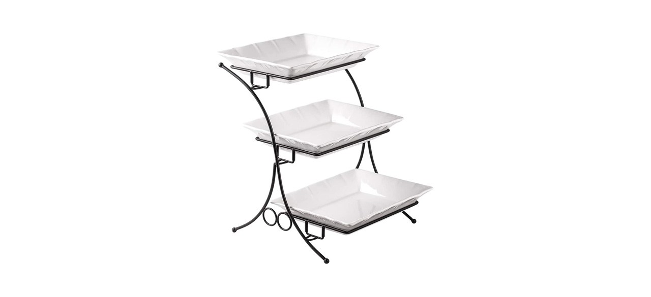 3 rectangular white porcelain platters stacked on a tiered metal stand