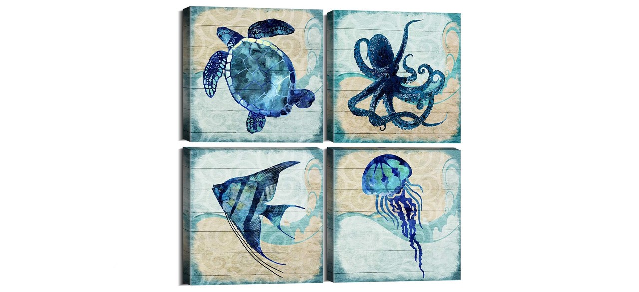 Four square paintings, depicting an octopus, a turtle, a triangular fish, and a jellyfish.
